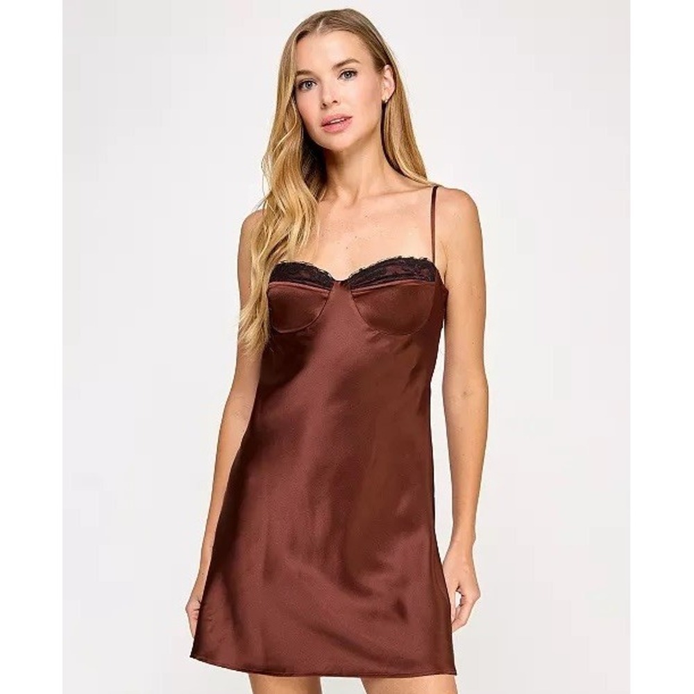 Seni & Cade Mini Dress Women Brown Satin Lace Trim Bustier Open Back XS NWOT